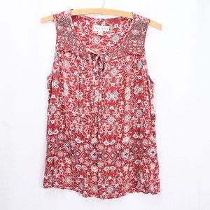 Knox Rose Maroon Floral Tank Blouse - Sz S - Tie Neck / Shirring Detail / Boho